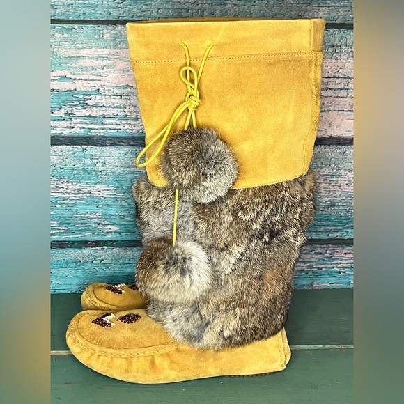 Vintage Naughty Monkey Eskimo Tall Suede Beaded Rabbit Fur Winter Boots Pom Poms - Picture 2 of 14